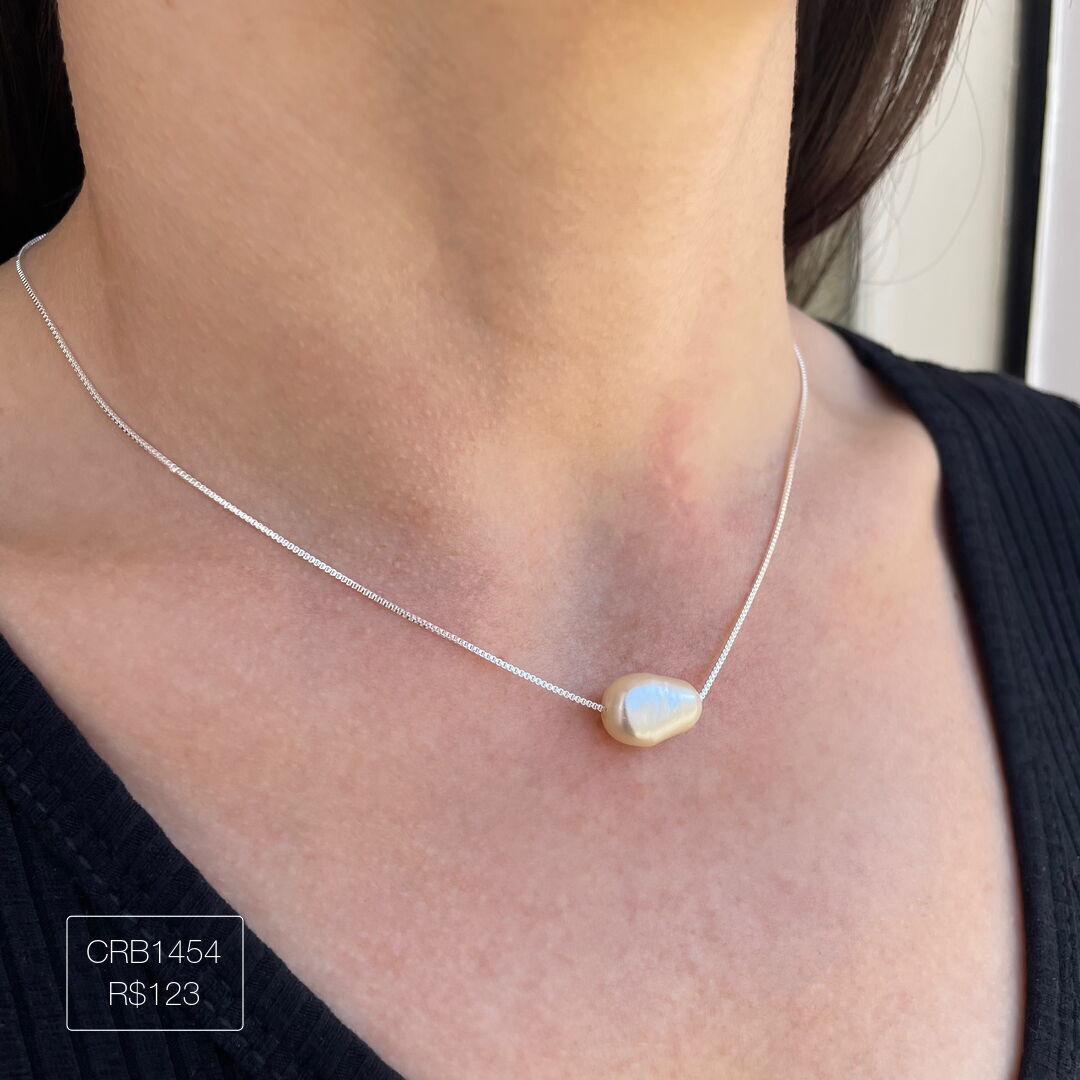 Colar c/ Pérola de Água Doce Liso Prateado